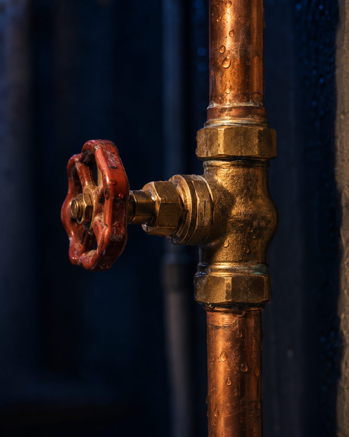 Close-up of a brass shutoff valve and copper water pipe